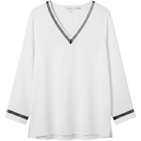 Calvin Klein Tops - Calvin Klein Size Medium V-Neck Blouse Mesh Trim Gold Buttons Business Casual